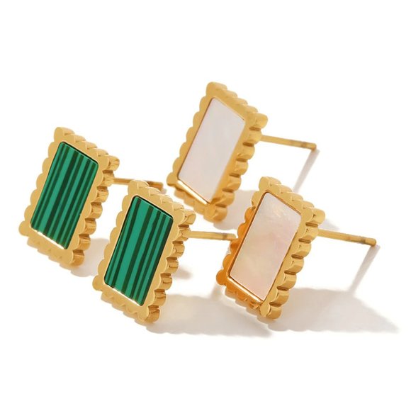 Green Malachite Rectangle 18K Gold Plated Stud Earrings - Picture 7 of 7